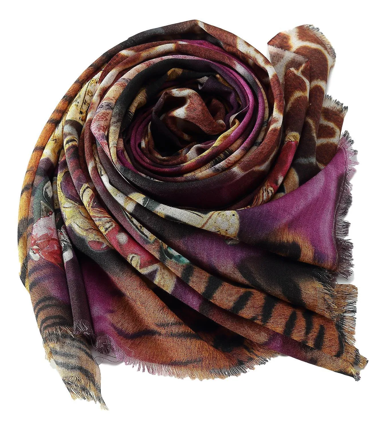 100% Wool Scarf Purple and Brown Leopard Print WO3015
