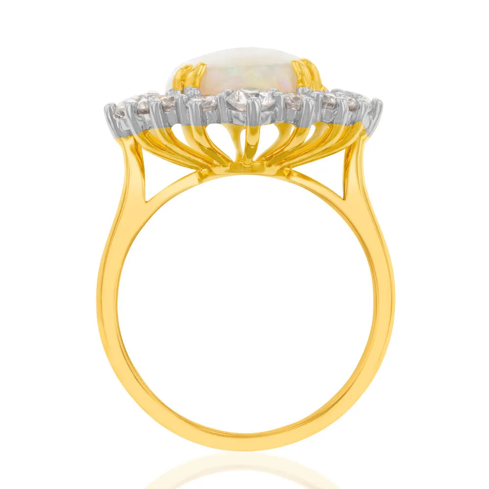 18ct Yellow Gold 3.17ct Natural White Oval Opand and 1.30ct Diamond Ring
