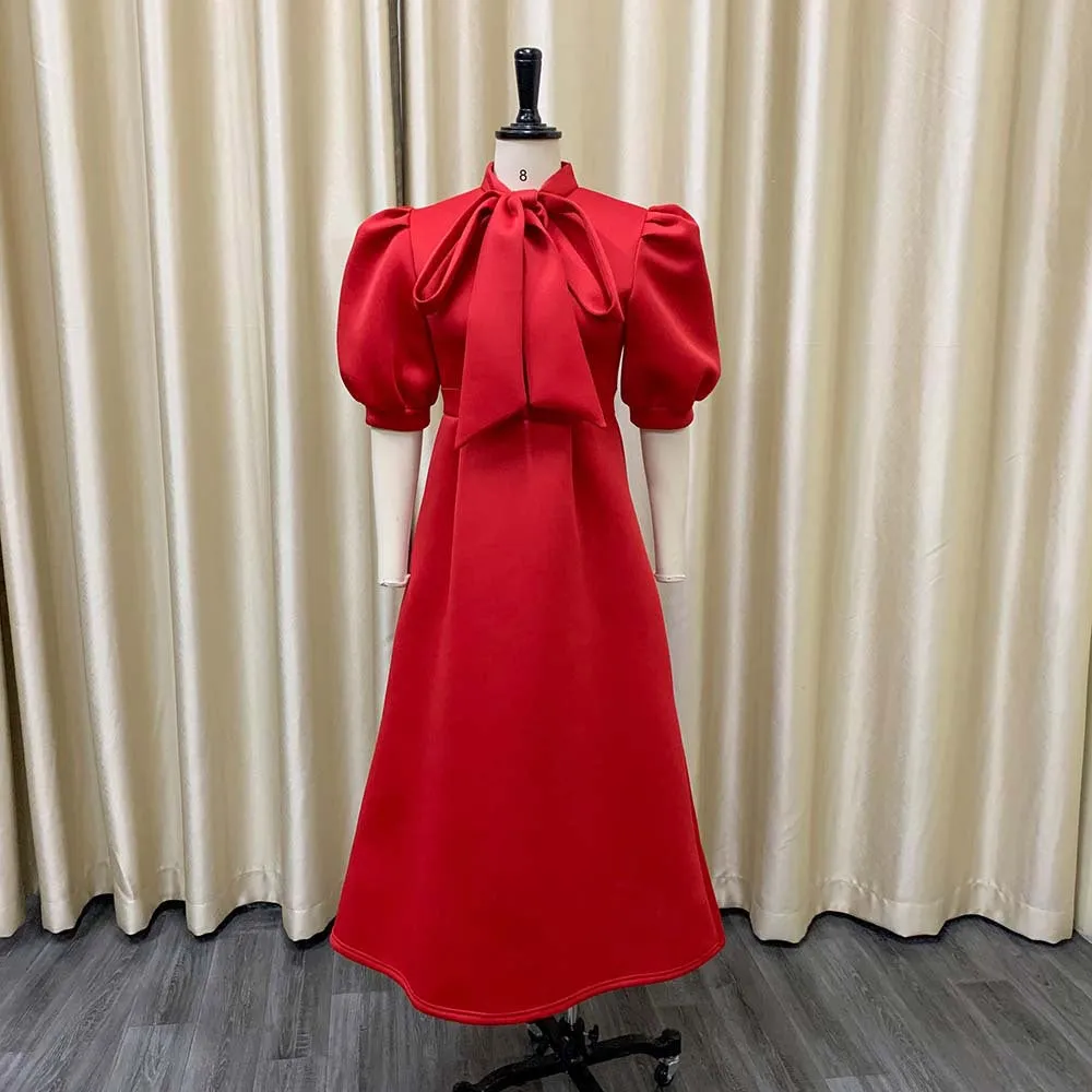 2023 Latest Design Summer Banquet Dresses Women Lady Elegant Solid Color Bow Short Sleeve Party Dress Evening Dress