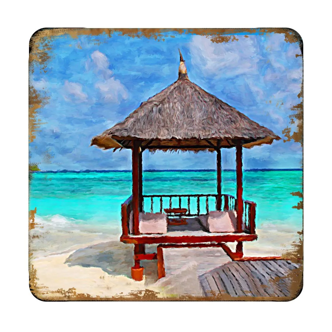Beach Cabana Coastal Wooden Cork Coasters Gift Set of 4 by Nature Wonders - Coastal Sea-Life Décor - 95270C-S4