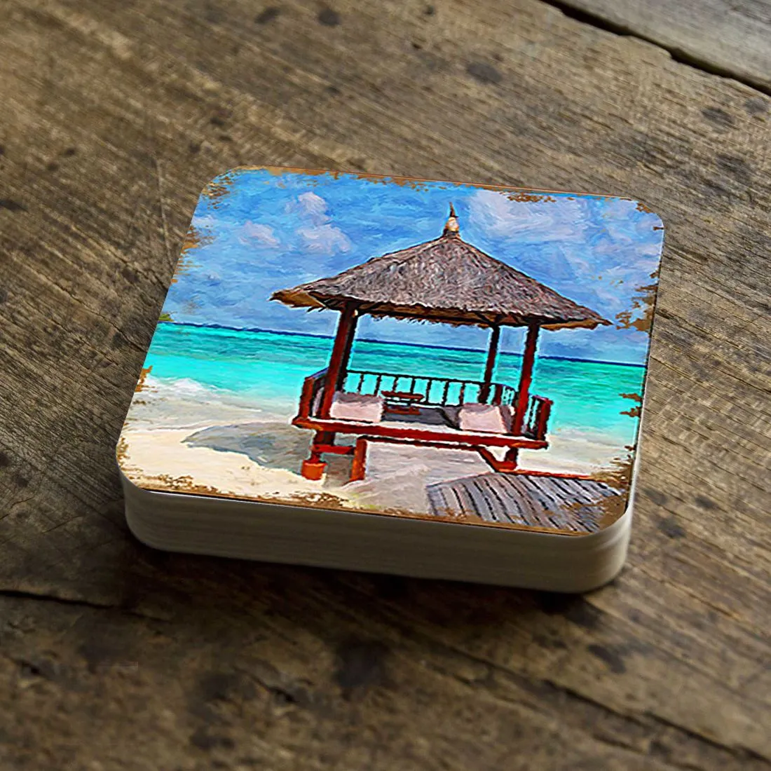 Beach Cabana Coastal Wooden Cork Coasters Gift Set of 4 by Nature Wonders - Coastal Sea-Life Décor - 95270C-S4