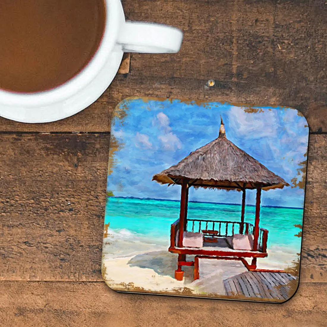 Beach Cabana Coastal Wooden Cork Coasters Gift Set of 4 by Nature Wonders - Coastal Sea-Life Décor - 95270C-S4