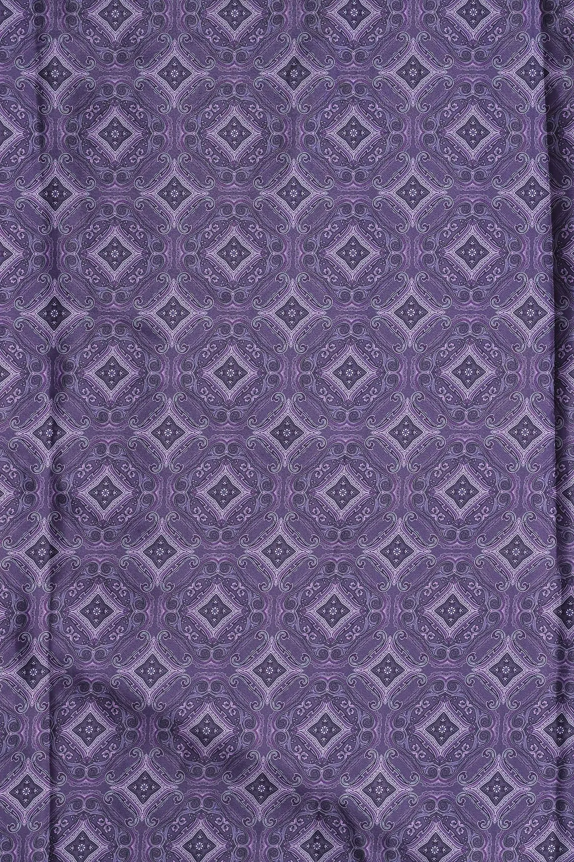 Dark Purple Traditional Pattern Digital Print On Purple French Crepe Fabric