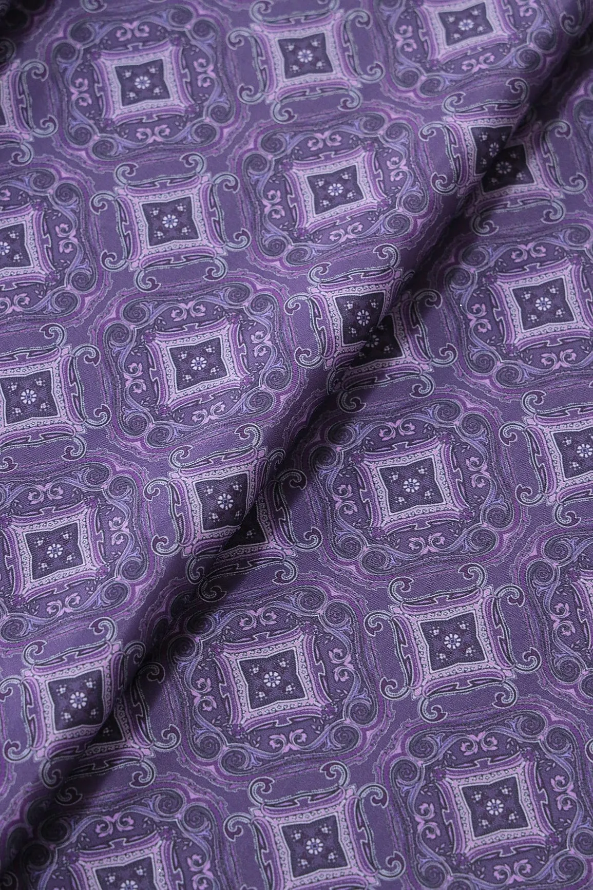Dark Purple Traditional Pattern Digital Print On Purple French Crepe Fabric