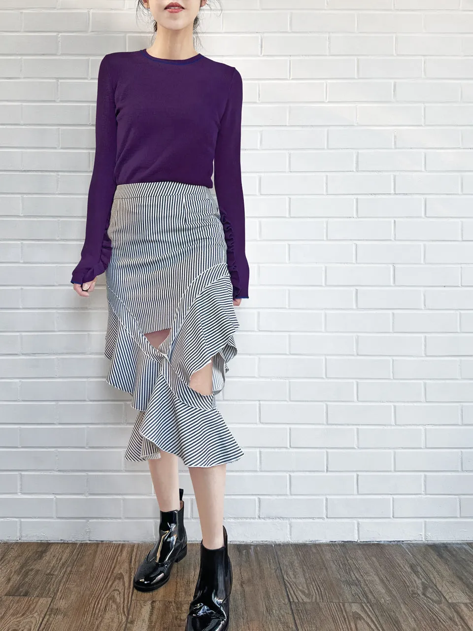 Deep Purple Extra-long Ruffled Sleeve Wool Blend Jumper