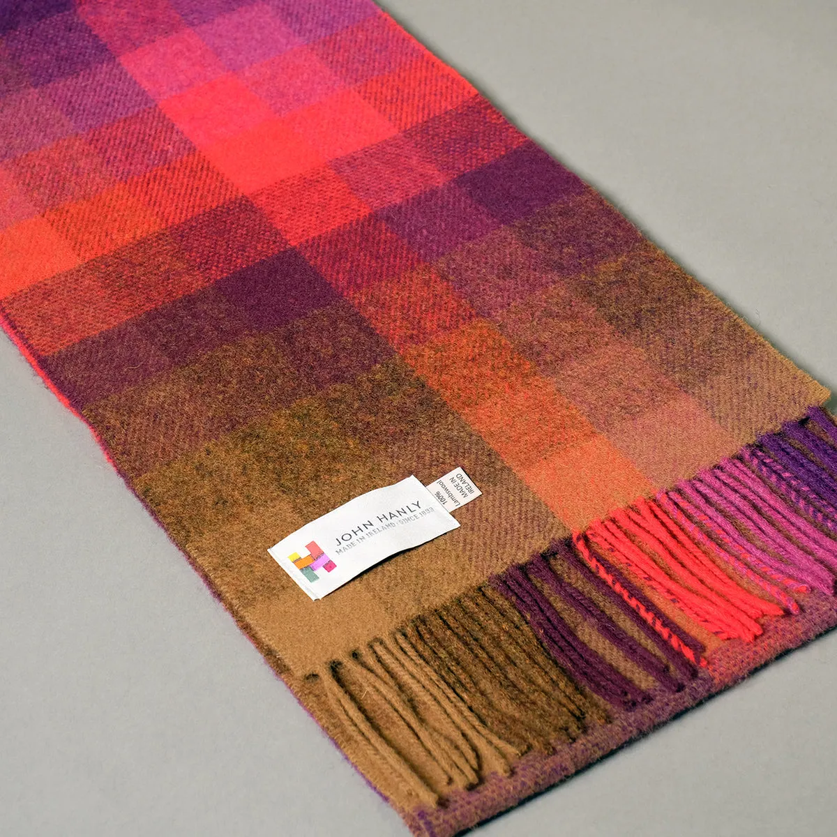Pure Wool Scarf in Camel, Purple & Red Check