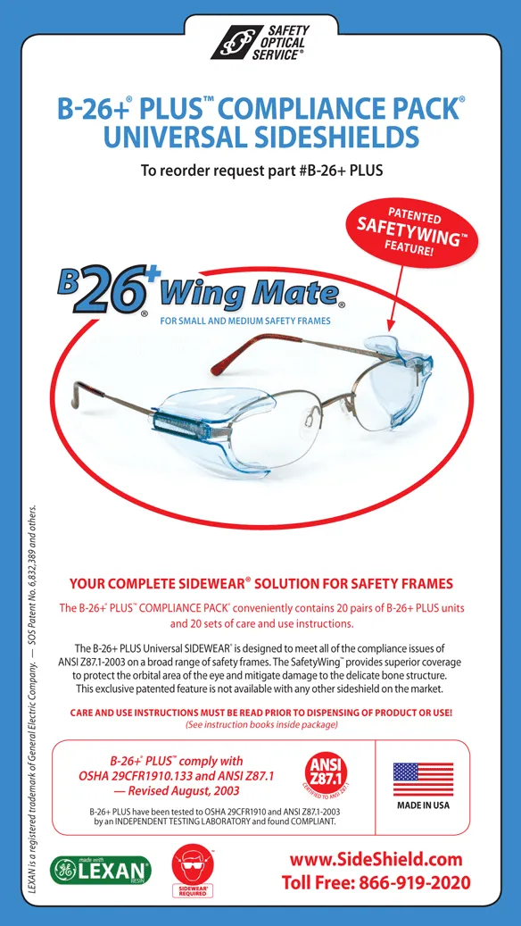 Safety Optical Service B-26  Plus Compliance Pack Universal Sideshields, Glacier Clear 20pairs