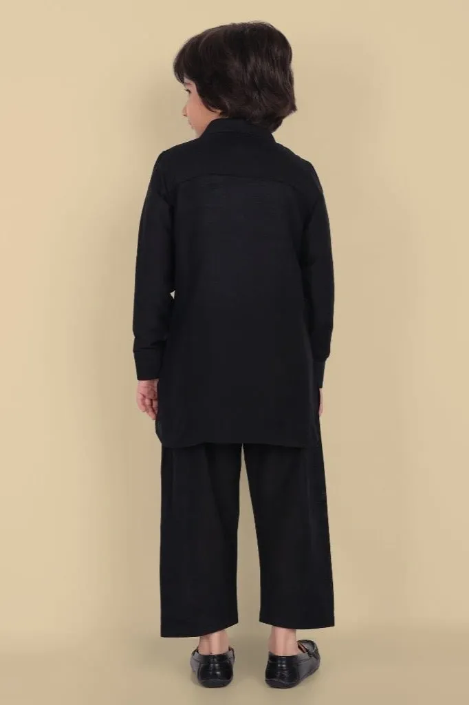 Textured Cotton Silk Black Pathani - Set of 2