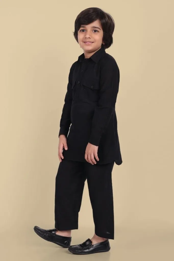 Textured Cotton Silk Black Pathani - Set of 2