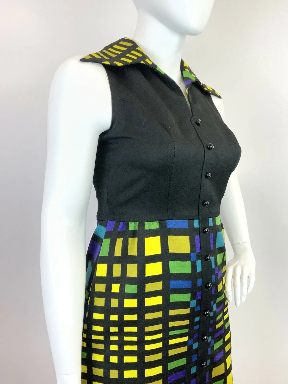VINTAGE 60s 70s BLACK GREEN BLUE YELLOW GRID GEOMETRIC DAGGER SHIRT DRESS 14 16